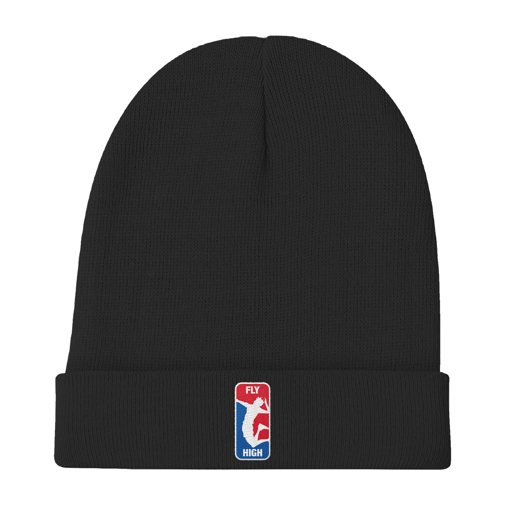 Fly High Beanie. Inspired by Haikyu and the NBA. It's a black beanie made from recycled bottle caps. It has the embroidered logo we've created for Fly High. Pretty Nerdy.
