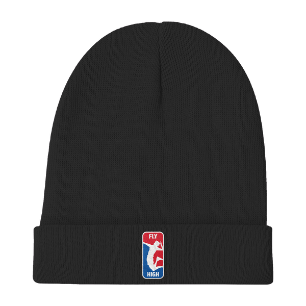 Fly High Beanie. Inspired by Haikyu and the NBA. It's a black beanie made from recycled bottle caps. It has the embroidered logo we've created for Fly High. Pretty Nerdy.